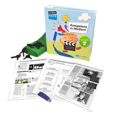 Vermittlung von Medienkompetenz –Produkte der medienKISTE – SOFTWARE medienKISTE, Ordner mit Projektblättern und USB-Stick