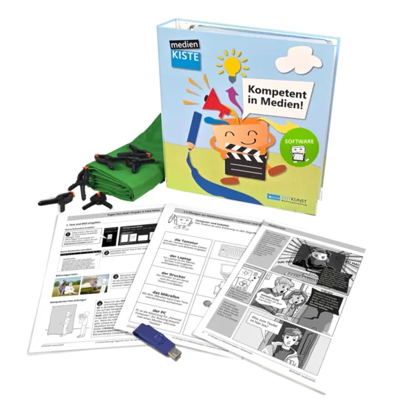 Vermittlung von Medienkompetenz –Produkte der medienKISTE – SOFTWARE medienKISTE, Ordner mit Projektblättern und USB-Stick
