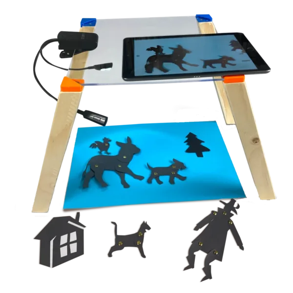 Das Trickfilm-Durchsichtstativ der medienKISTE mit Licht und Animationsfiguren